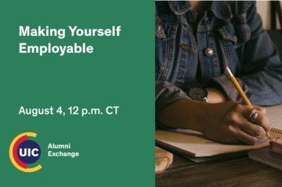 Green background with the Alumni logo at the bottom left. On the right side is a person sitting writing with a pencil.