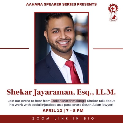 The background is white with red and black lettering. There is an image of Shekar Jayaraman in the center, and the Aahana UIC logo in the top right corner.