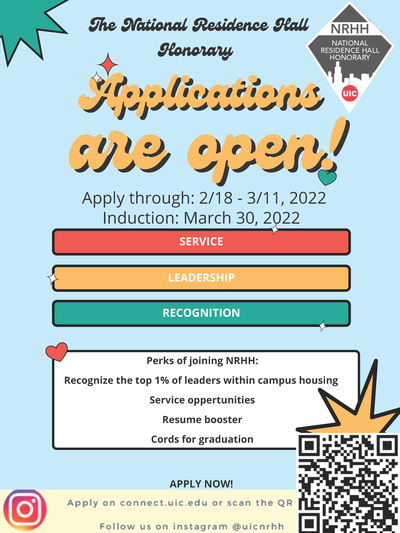 The background is a light blue. With 3 boxes, one read, yellow, and green. The boxes say: "Service." "Leadership." and "Recognition." There is the NRHH logo on the top right and a QR code to the application the bottom right.