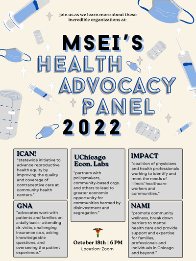 Flyer contains the organizations that will be participating in the panel including IMPACT, ican!, UChicago Economy Labs, NAMI Chicago, and Greater National Advocates (GNA)