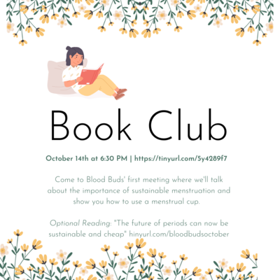 Floral pattern on top and bottom, white background. Image of girl with a book on top right side.