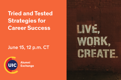 Orange background with the Alumni Exchange logo at the bottom left. On the right hand side is a brick background with etchings of the words Live, Work, Create spray painted.