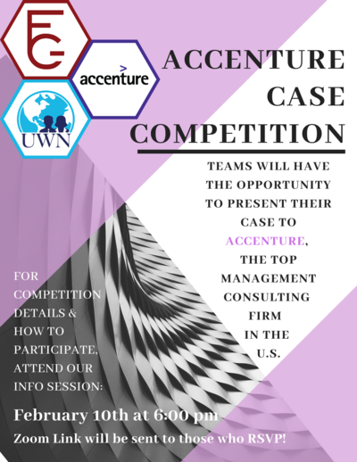 The background is pink, gray and white. The flyer also includes a graphic with all three participating organizations: Accenture, UWN, and FCG