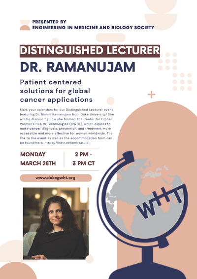 The flyer includes the Global Woman's Health Technologies globe logo as well as an image of Dr. Nimmi Ramanujam.