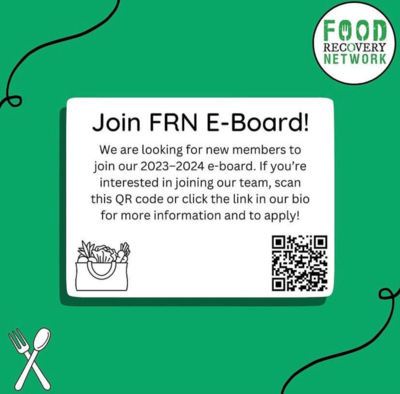 Green background with the image of a fork and a spoon in the bottom left-hand corner. A white textbox takes up the middle of the flyer and features a grocery bag in the bottom left-hand corner.