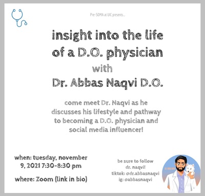 The background is white with gray and black text. Dr. Abbas Naqvi's profile picture is located on the lower right corner. There is a teal stethoscope on the upper left hand corner.