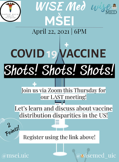 The background color of the flyer is blue with an image of a vaccine syringe in the center. Mentions the title, time, and date of the event