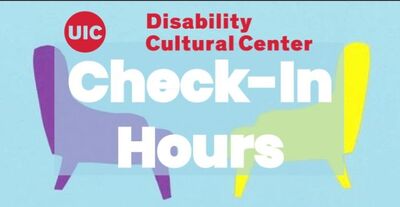 On a light blue back ground, two chairs, one purple, the other yellow, face each other. On top is the DCC logo and white text that reads: “Check-In Hours.”