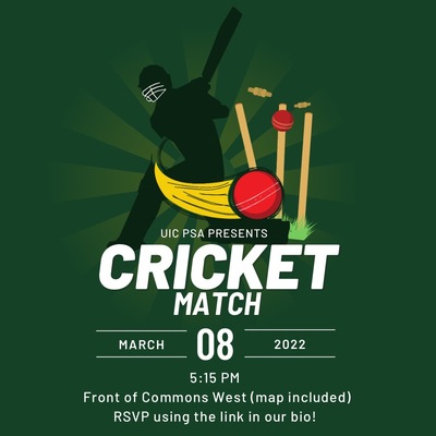 Green flyer with a guy playing cricket describes the event, date and location.
