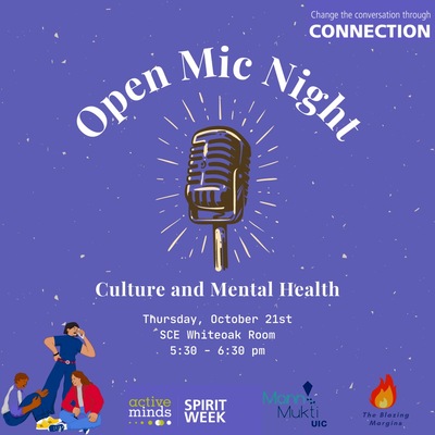 The background is purple. There is an image of a microphone in the middle. There is a group of people on the left-hand corner. On the bottom, there are three logos. A green logo for active minds, a blue logo for mannmukti, and a red logo for blazing margins. The Open Mic Night text is located at the top. The time and place of the flyer is at the bottom