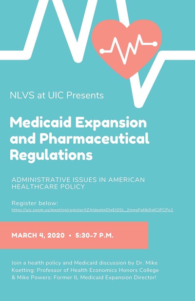 The background color is light blue and there is an image of a pink heart at the top with a white EKG running through it. The title is "Medicaid Expansion and Pharmaceutical Regulation: Administrative Issues in the American Healthcare System.