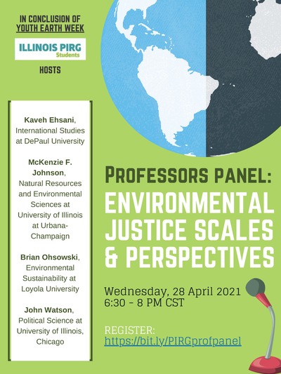 Background: Green with large Earth logo. Foreground: text with professors' names and titles, title of event, and time and date.