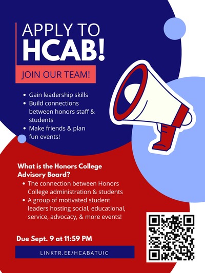 A flyer describing the HCAB application with text and a megaphone on a background composed of red, white, and blue circles.