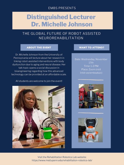 The background is dark blue and there is an image of Dr. Michelle Johnson as well as some of the robots that her lab has created.