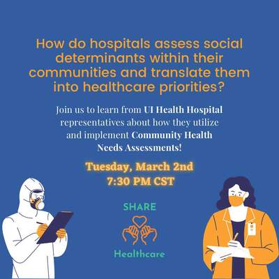 Flyer has a blue background with two human figures on the right and left bottom corners. The figure on the left is wearing a white medical suit and taking notes on a clipboard, and the figure on the right is wearing an orange blazer and mask while taking notes with a pen. There is the SHARE logo with two hands holding a heart at the bottom of the flyer in orange.