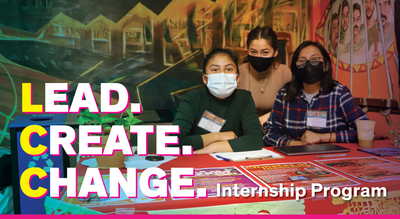 The background is a picture of three Latina students in the Latino Center.