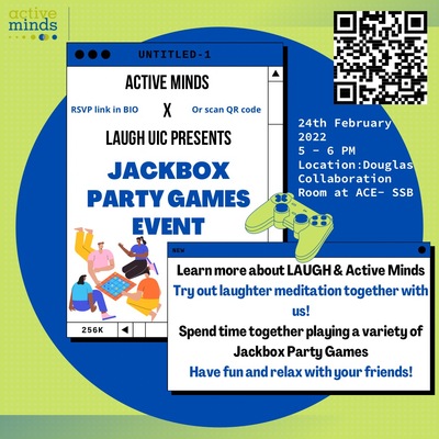 Green and blue Flyer with Images of gaming and a QR code for the form. Also includes information in white boxes about event.