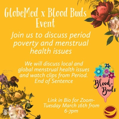 Golden yellow background. Flowers in the top right and bottom left corner of the page. Image of pink menstrual cup filled with flowers in the bottom right corner.