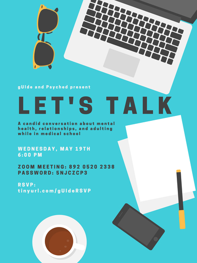 Aqua background with cartoon images of sunglasses, laptop, papers, iPhone, coffee cup. Accompanied by text with event details