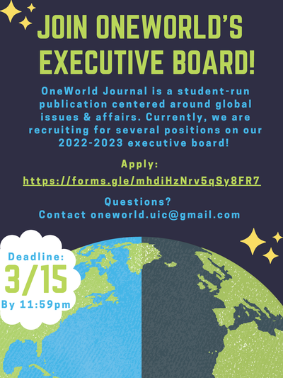 The background is dark blue, with yellow stars/sparkles located on both the top left and bottom right corners. The lower third of the flyer is dominated by an image of a halved Earth, in the colors blue, green, and white.