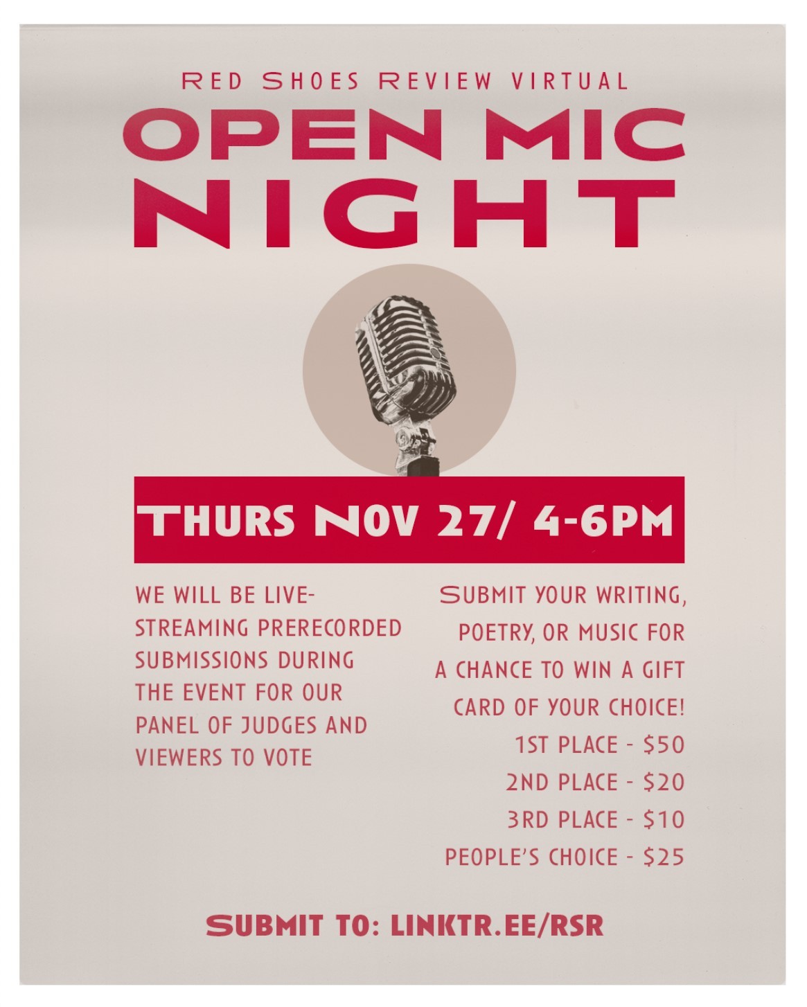 Red Shoes Review Presents Open Mic Win up to 50 Gift Card in