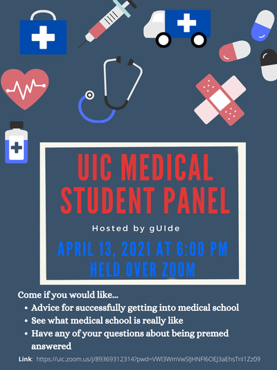 Gray/blue flyer with medical cartoons of pills, band-aids, ambulance, stethoscopes. Event details as in description above.