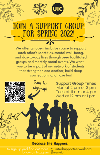 Yellow background with an image of several silhouettes standing together.