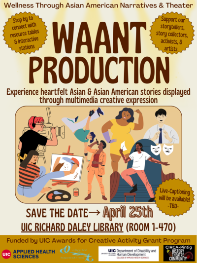 The background color is light yellow and there is a rectangle frame with cliparts of individuals with their creative mediums. The bottom contains the date and location of the event and the affiliated WAANT logos/partners. At the very top of the flyer is the title of the event “WAANT Production”.
