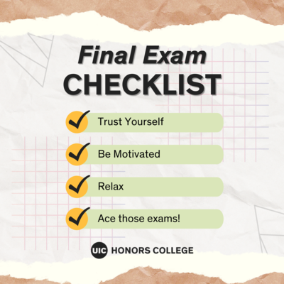 The background is mimicking graph paper and other types of paper signifying homework or projects. There are checkmarks and the honors college logo at the bottom middle.
