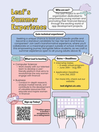 The background is light purple. There are boxes with different pastel colors and text. There is a cartoon of hands typing on a computer.