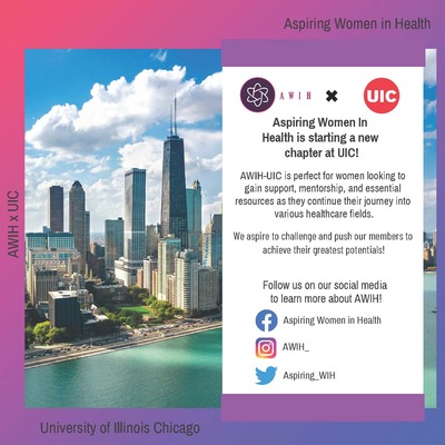 A picture of the Chicago skyline, with a beautiful blue sky, prominent landmarks and lake Michigan, over an ombre background in the colors pink to purple. AWIH logo with UIC logo as well.