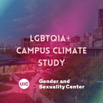 A picture of campus with a pink/purple filter over east campus with the UIC logo on the near bottom with the Gender and Sexuality Center insignia..