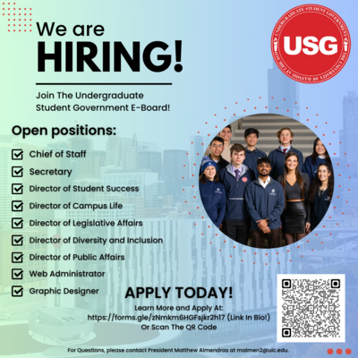 Transparent background of the ARC with blue gradient. USG logo on the top right. Circular picture of USG members surrounded by red dots. QR code on the bottom right.