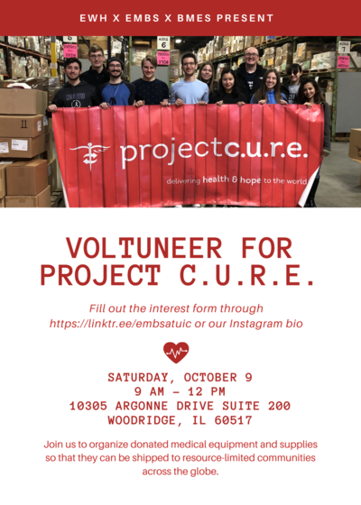 The background color is white with an image of volunteers holding a sign that says "Project C.U.R.E".