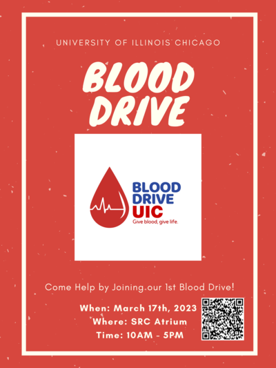 The background color is red, and there is a white box with a red drop of blood in the center of the page. There is also a QR code to sign up for the event on the bottom right corner.