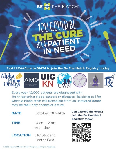 The flyer outlines the "Be the Match" event description (blue background) and logos for participating student organizations (white background).