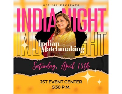 The image shows the India Night flyer and the theme of the event which is based off of the hit Netflix show,"Indian Matchmaking."