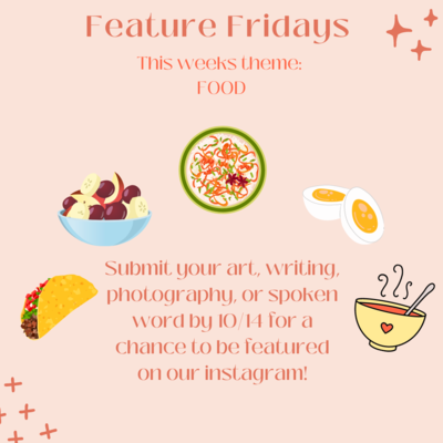 Flyer has dark red font with light pink background. The background has a taco, a bowl of fruit (grapes and apples), boiled eggs, a bowl of colorful vermicelli, and a yellow bowl with a heart on it and a spoon in it. Stars on top right and bottom left corner of the flyer.