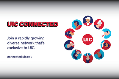 White background with a circle of clip art profiles of people with the UIC logo in the middle.