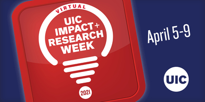 The image shows a white light bulb on a red square, with a blue background behind it. The primary text is white and red. The UIC logo is on the bottom, righthand corner.