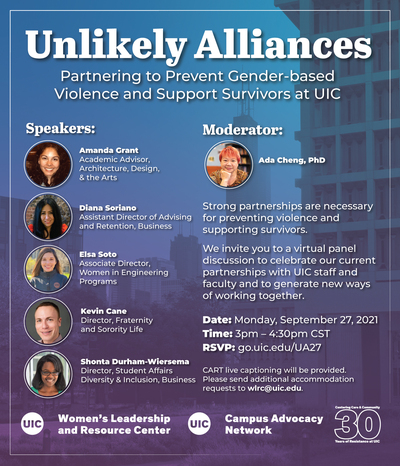 A gradient of blues/purples over a Chicago skyline view from UIC. There are small headshots of all the speakers for the event. At the bottom, there is the Women's Leadership & Resource Center and Campus Advocacy Network logos.