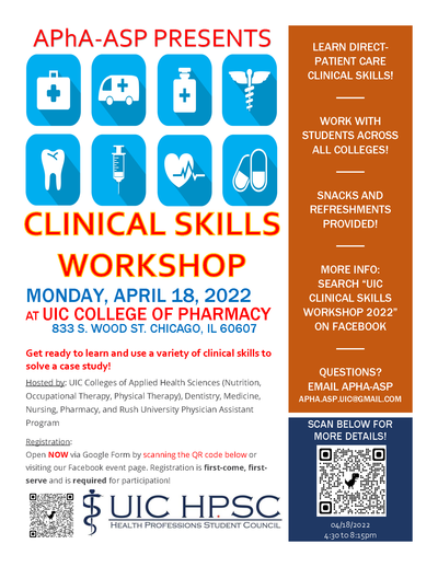 The flyer describes the highlights of the Clinical Skills Workshop including a registration link with QR codes for sign-up and more information.