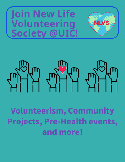 A flyer with the New Life Volunteering Society logo (a heart with an earth background and NLVS lettering). The center of the flyer contains a graphic of raised hands with hearts in the middle of the palms.