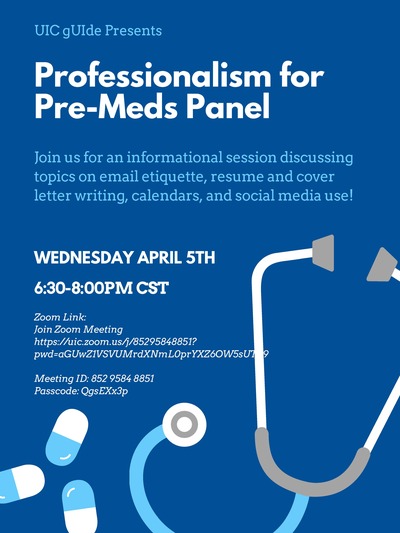 The flyer is a dark blue color with light blue accents. There is a stethoscope at the bottom right that is colored grey, blue and white. There is also three pills in bottom left corner that are white and blue.