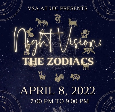 The words Night Vision in cursive gold text surrounded by Vietnamese zodiacs