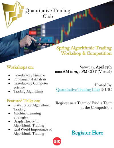 The background color is white with gold text. Pictures include the Quantitative Trading Club logo, the price graph of a stock with a person working on a tablet, and the UIC logo