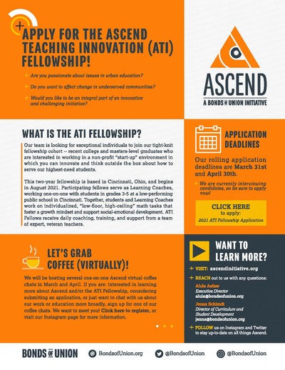 The flyer is divided into six color-blocked sections. The background colors are white, orange, and dark gray.
