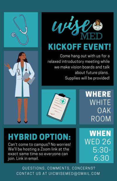 This flyer has a a teal background overlaid with color blocks of black and different shades of blue. There are cartoons of a woman healthcare worker, a stethescope, and a health chart. At the top right corner, there is the main block of text detailing what we will be doing. At the bottom left, there is another block of text with details about the hybrid zoom option. To the bottom right, there are instructions for when and where the meeting will be.