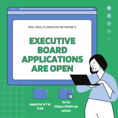 Green background with a blue and white browser screen open that includes green text: "Executive Board Applications are Open." Below, two blue folders are shown with white text to include the information. There is a picture of a person with a black laptop on the righthand side of the flyer.
