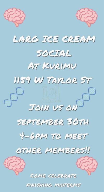 Background color is light blue and there is white text indicating location and date of ice cream social. Pictures of DNA and brain emojis scattered throughout flyer